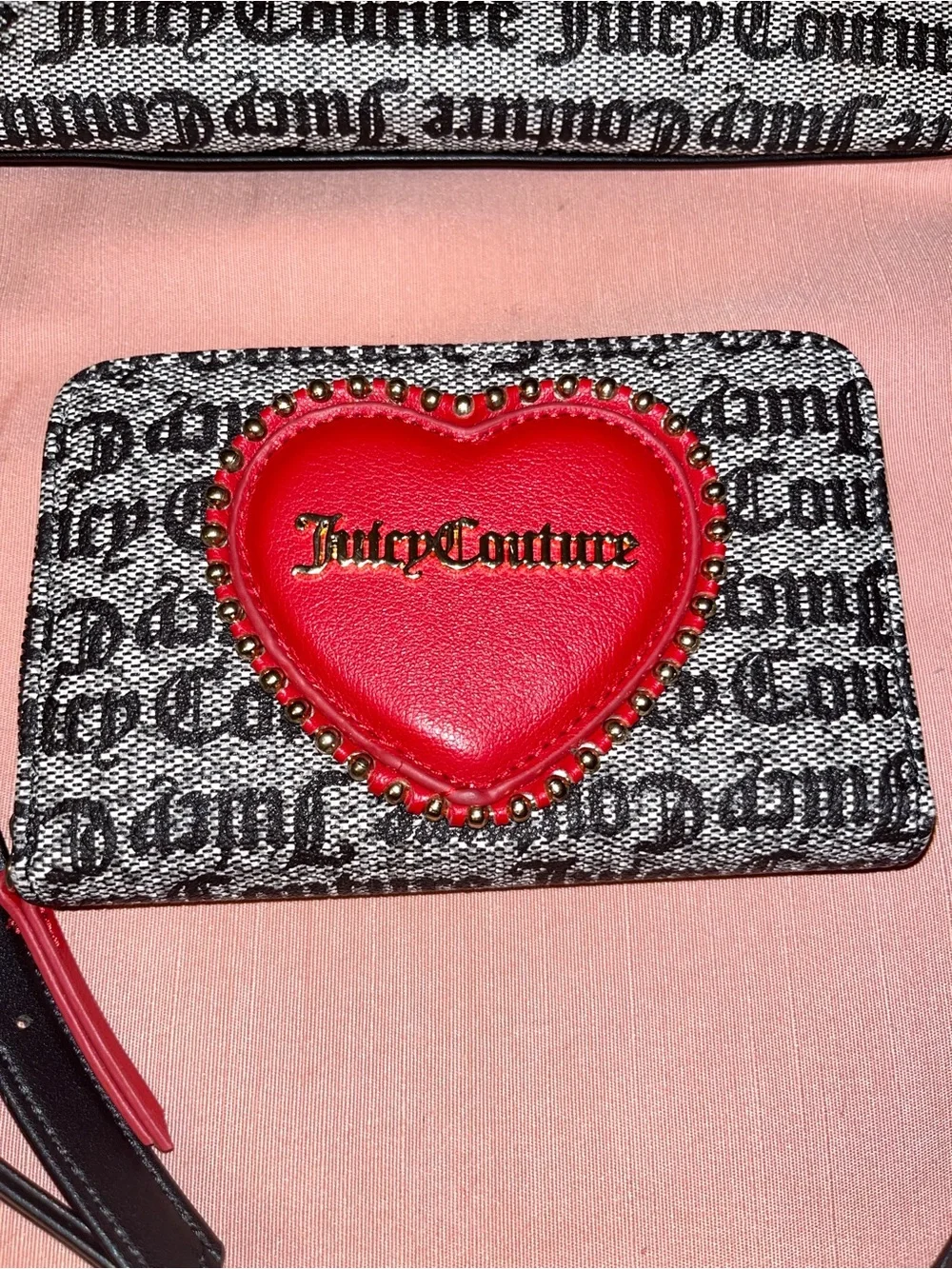 Juicy Couture Black & White Logo Satchel with Red Heart Accent & Wallet
